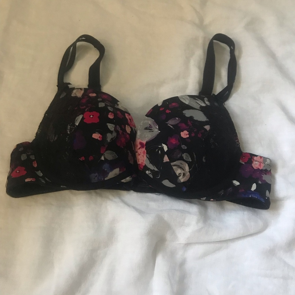 Torrid Black Bra with Pink Floral Pattern Underwire Padded Push-up 36C